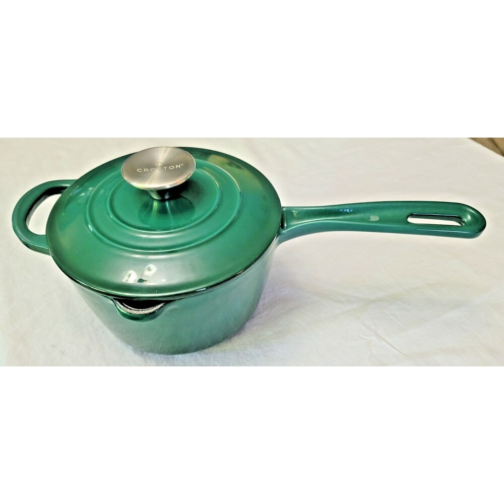 Crofton 1.75 Qt  Dark Green Enameled Cast Iron Saucepan Pot With Lid No chips